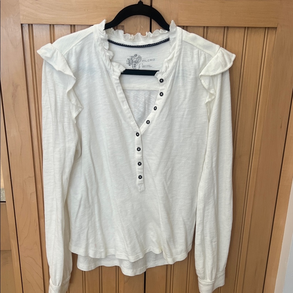 Pilcro off / cream White Ruffle-Trim Henley Long Sleeve Top